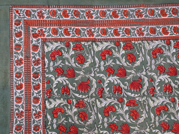 Floral Printed Design Green Cotton Double Bedspread