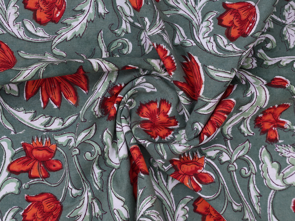 Floral Printed Design Green Cotton Double Bedspread