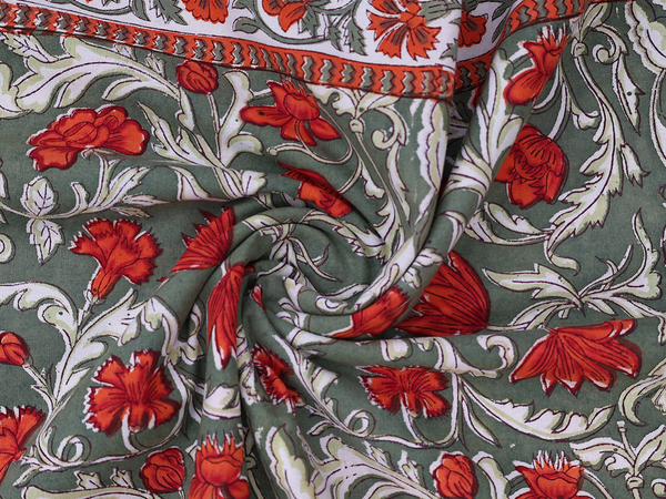 Floral Printed Design Green Cotton Double Bedspread