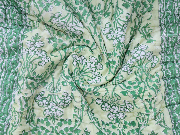 Floral Printed Design Green Cotton Single Size Quilt