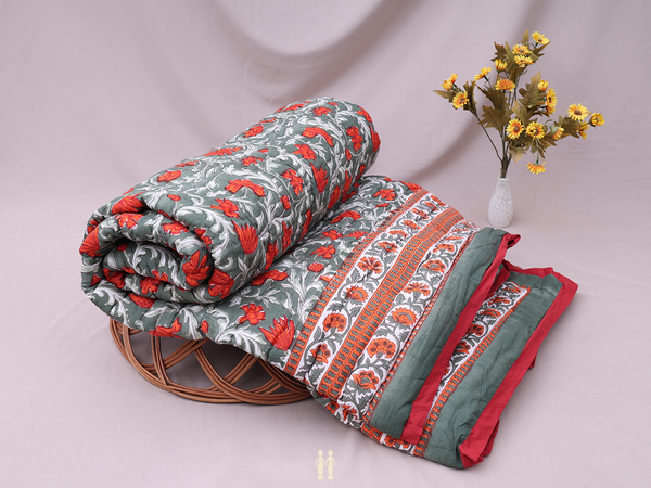 Floral Printed Design Green Cotton Single Size Quilt
