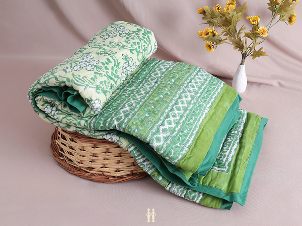 Floral Printed Design Green Cotton Single Size Quilt
