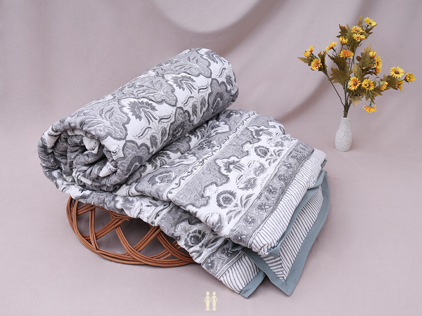 Floral Printed Design Grey Cotton Single Size Quilt