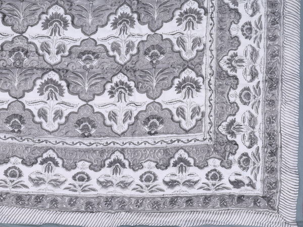 Floral Printed Design Grey Cotton Single Size Quilt