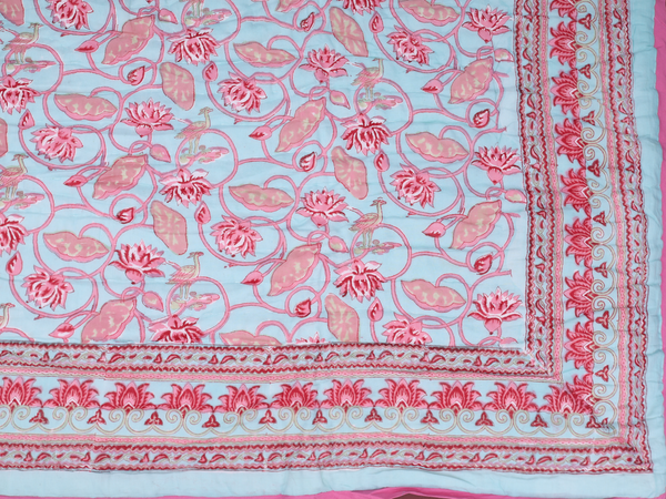 Floral Printed Design Mint Blue Cotton Single Size Quilt