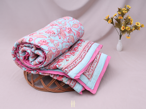 Floral Printed Design Mint Blue Cotton Single Size Quilt