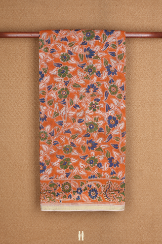 Floral Printed Design Orange Kalamkari Cotton Saree