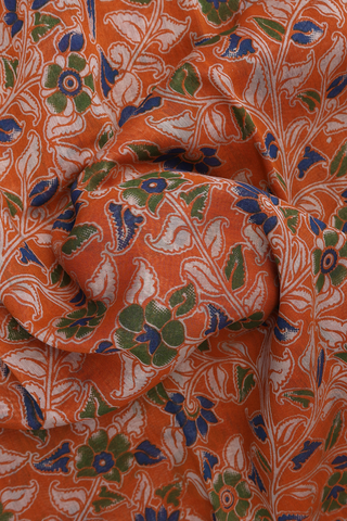 Floral Printed Design Orange Kalamkari Cotton Saree