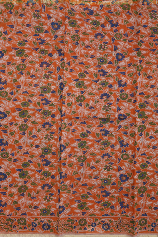Floral Printed Design Orange Kalamkari Cotton Saree