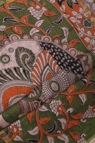 Floral Printed Design Orange Kalamkari Cotton Saree