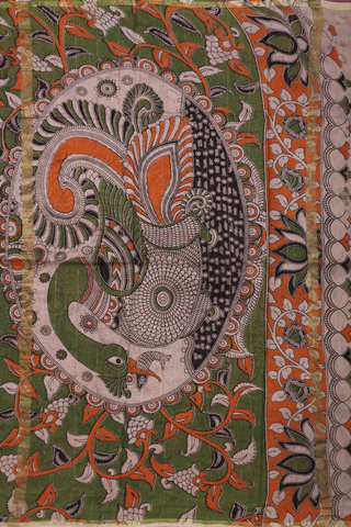 Floral Printed Design Orange Kalamkari Cotton Saree