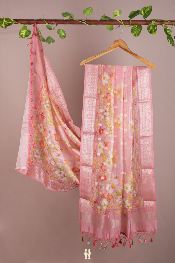 Floral Printed Design Pastel Pink Chanderi Dupatta