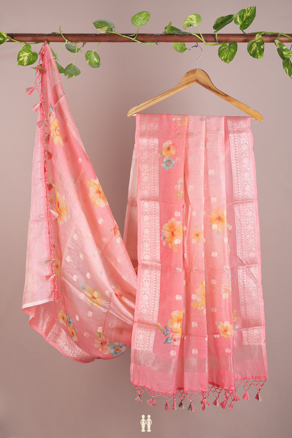 Floral Printed Design Pink Chanderi Dupatta