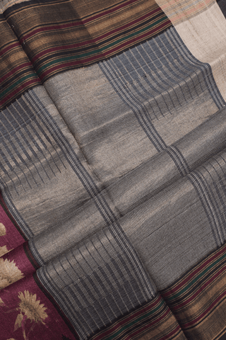Floral Printed Design Plum Brown Tussar Silk Saree