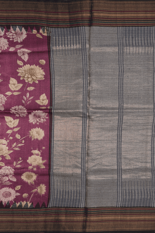 Floral Printed Design Plum Brown Tussar Silk Saree