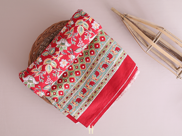 Floral Printed Design Red Cotton Double Bedspread