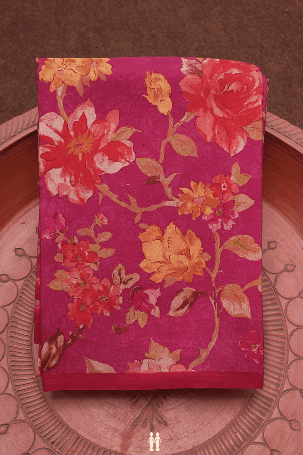Floral Printed Design Rose Red Crepe Saree