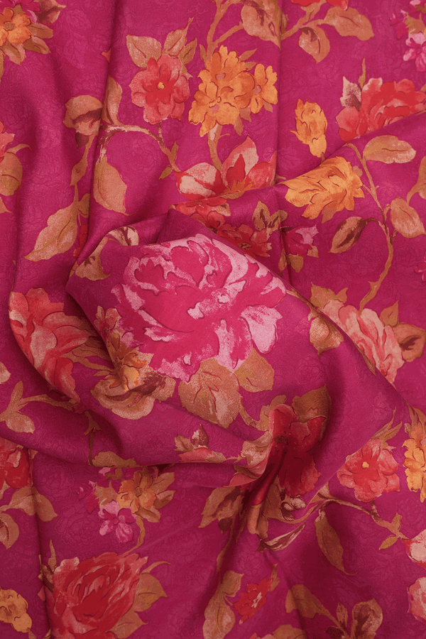 Floral Printed Design Rose Red Crepe Saree