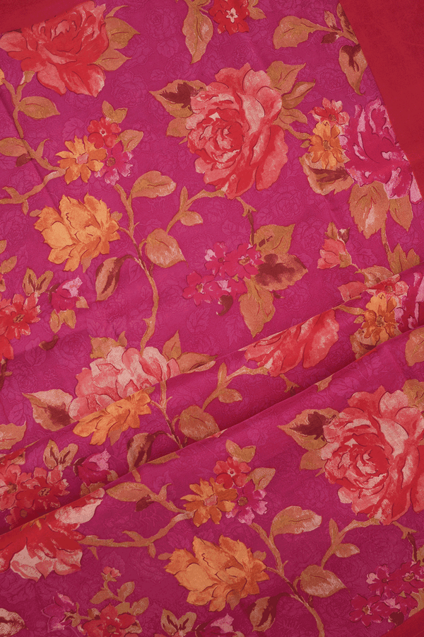 Floral Printed Design Rose Red Crepe Saree