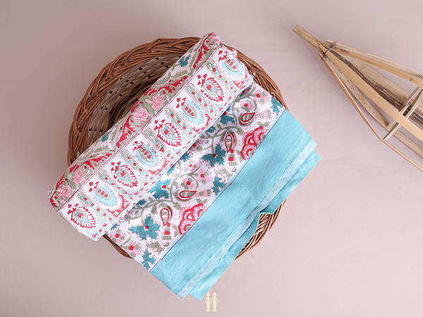 Floral Printed Design Turkish Blue Cotton Double Bedspread