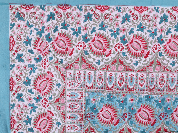 Floral Printed Design Turkish Blue Cotton Double Bedspread