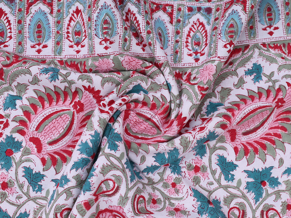Floral Printed Design Turkish Blue Cotton Double Bedspread