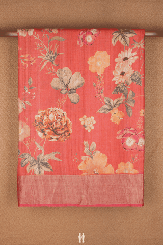 Floral Printed Design Vermillion Red Tussar Silk Saree