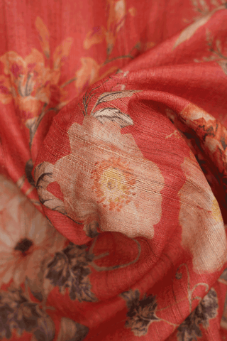 Floral Printed Design Vermillion Red Tussar Silk Saree