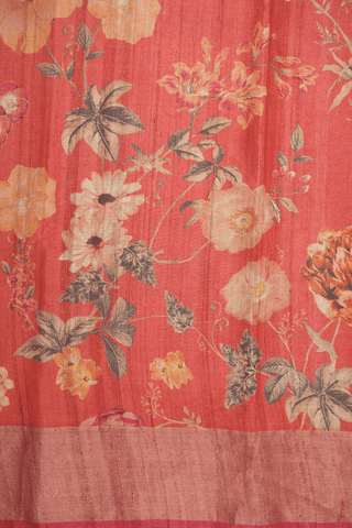 Floral Printed Design Vermillion Red Tussar Silk Saree