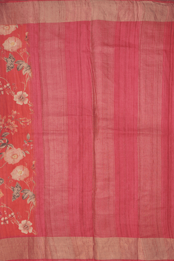 Floral Printed Design Vermillion Red Tussar Silk Saree