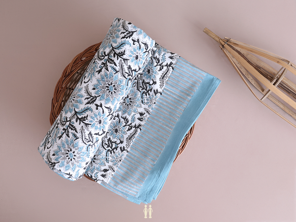 Floral Printed Design White Cotton Double Bedspread
