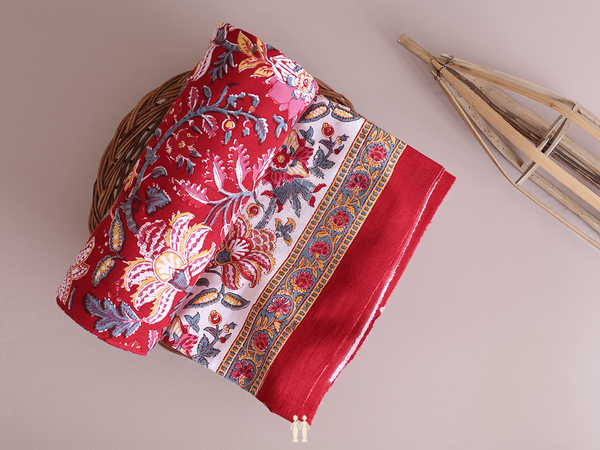 Floral Printed Design Red Cotton Double Bedspread