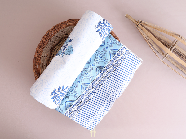 Floral Printed Design White Cotton Double Bedspread