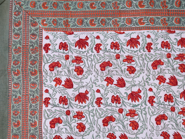 Floral Printed Design White Cotton Double Bedspread