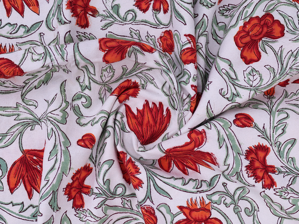 Floral Printed Design White Cotton Double Bedspread