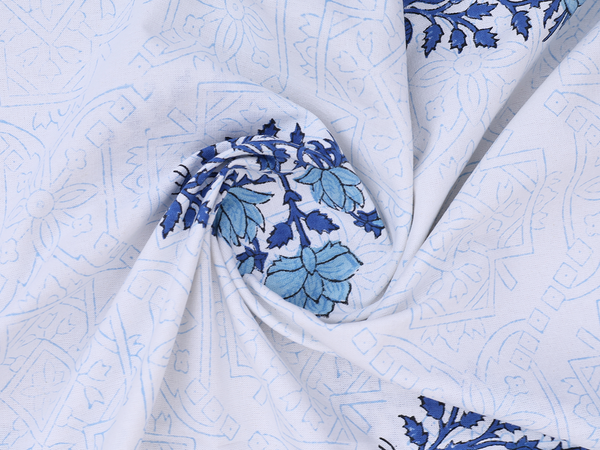 Floral Printed Design White Cotton Double Bedspread
