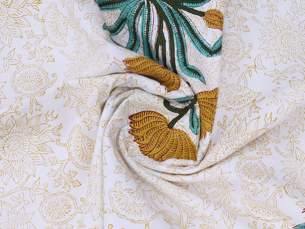 Floral Printed Design White Cotton Double Bedspread