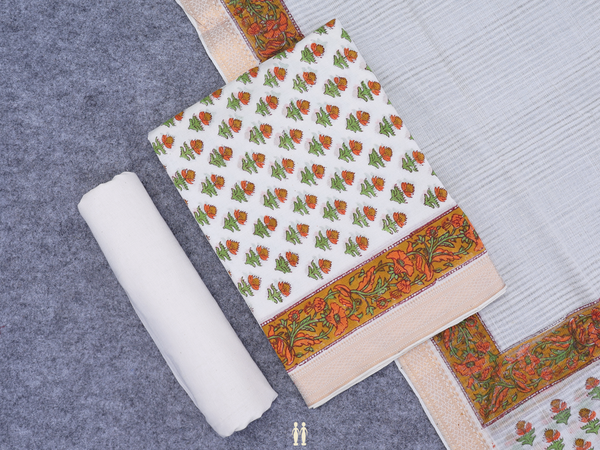 Floral Printed White Mangalagiri Cotton Salwar Material