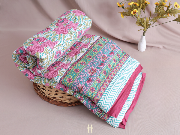 Floral Printed Design White Cotton Single Size Quilt