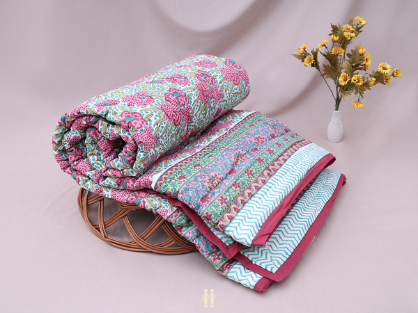 Floral Printed Design White Cotton Single Size Quilt