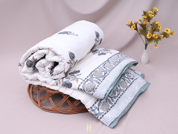 Floral Printed Design White Cotton Single Size Quilt
