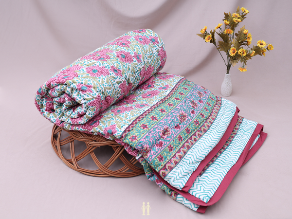 Floral Printed Design White Cotton Single Size Quilt