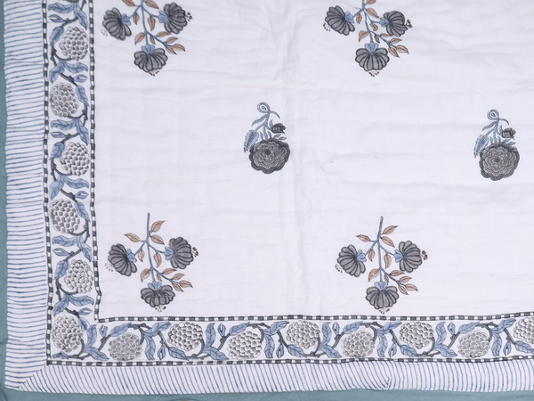 Floral Printed Design White Cotton Single Size Quilt