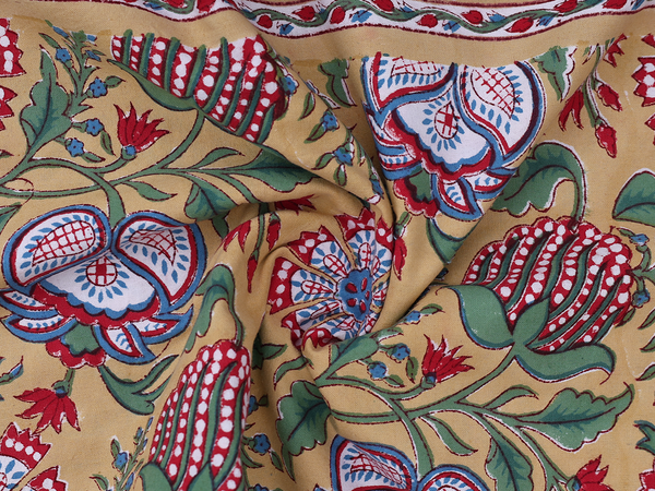 Floral Printed Design Yellow Cotton Double Bedspread