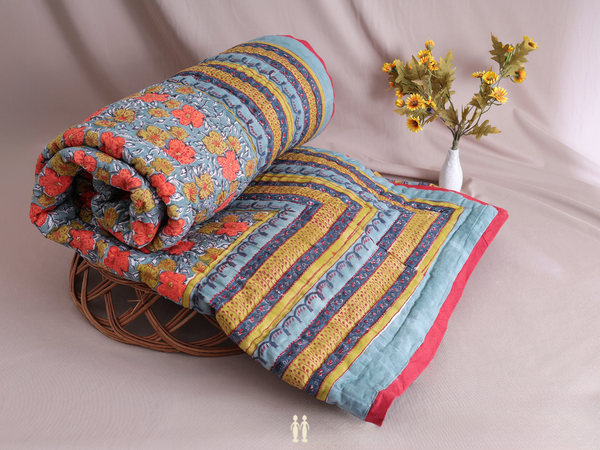 Floral Printed Green Cotton Double Size Quilt