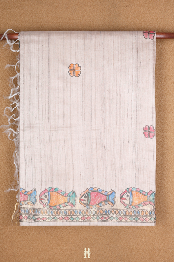 Floral Printed Motifs Beige Tussar Madhubani Silk Saree