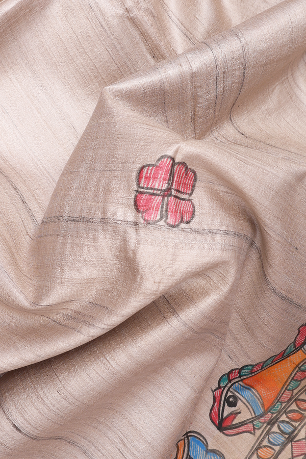 Floral Printed Motifs Beige Tussar Madhubani Silk Saree