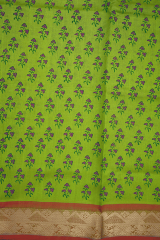 Floral Printed Motifs Parrot Green Silk Cotton Saree