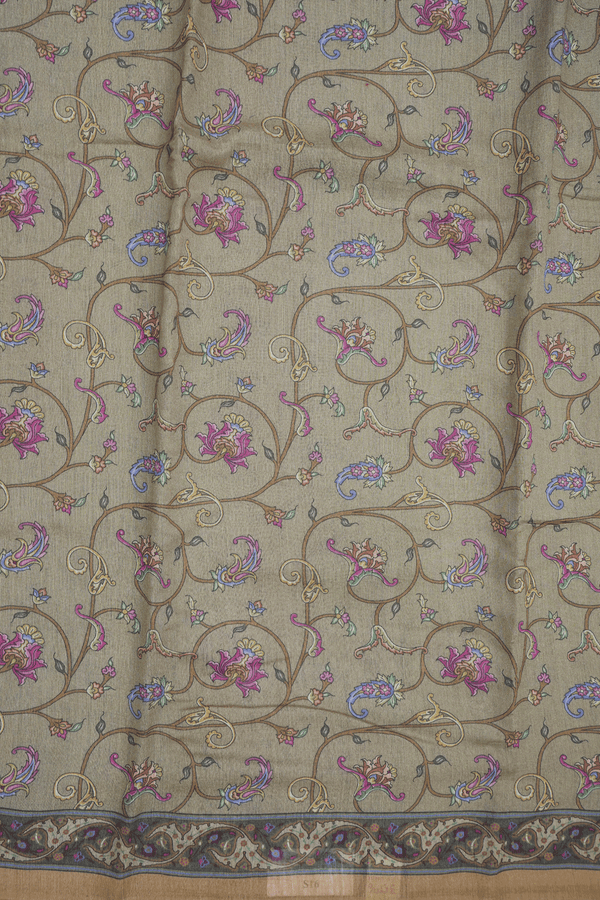 Floral Printed Olive Brown Chanderi Silk Cotton Saree