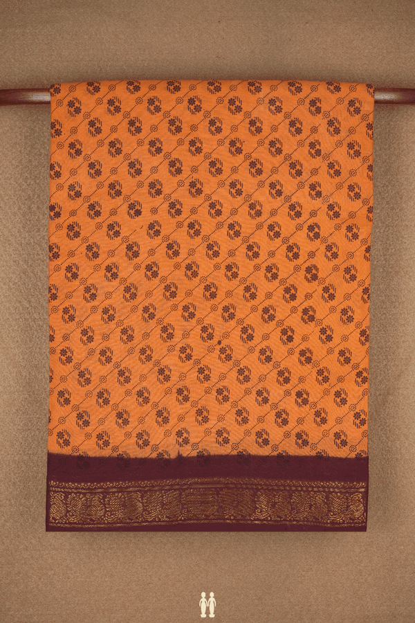 Floral Printed Design Orange Nine Yards Sungudi Cotton Saree